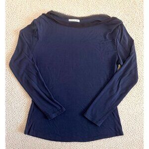 Pascaline Paris Top Navy Blue Silk Trim Long Sleeve Shirt